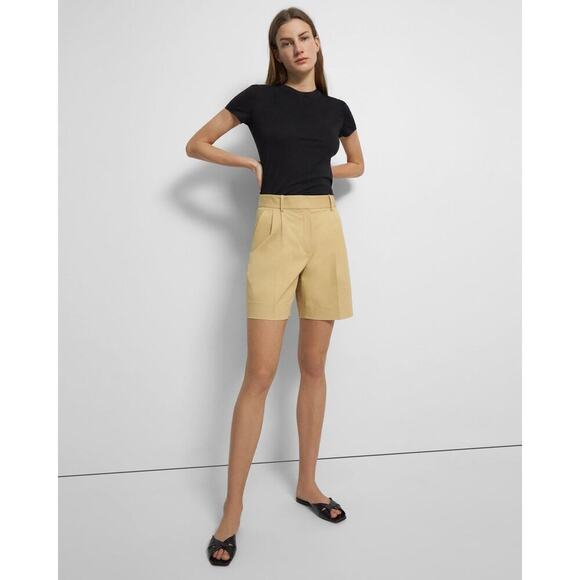 Theory High-Rise Pleated Shorts in Stretch Cotton Twill Olive Size 10 NWOT - Picture 4 of 12